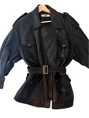 Vintage 90s The Limited Black Leather Belted Military Style Jacket Size S #rare
